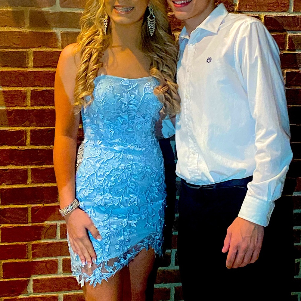 Sherri Hill Light Blue Lace Mini Dress